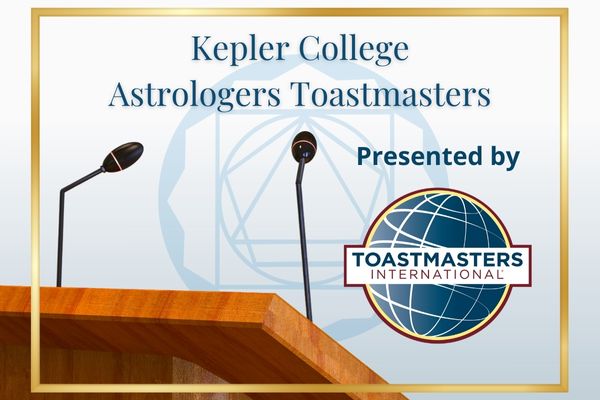 Two microphones at a podium lectern, Kepler College logo in gradient behind, prominent Toastmasters International Logo