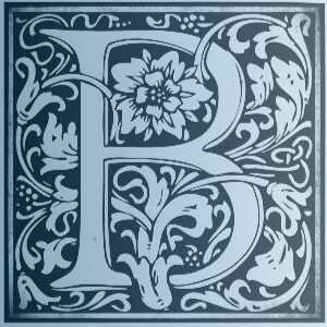 Ornate Medieval manuscript style picture of blue and black letter B
