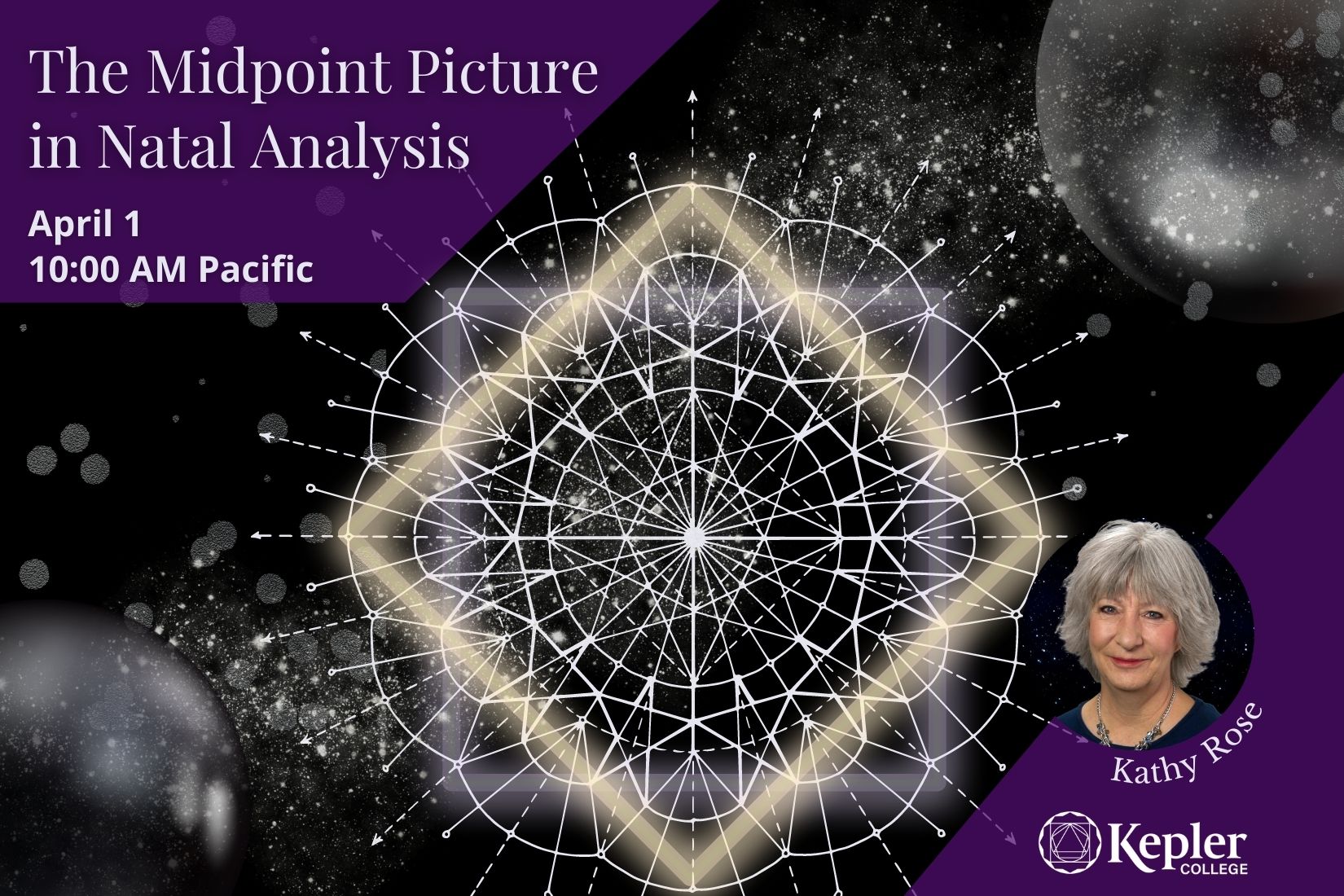 Mandala with glowing squares overlapping, arrows pointing to black orbs, portrait of Kathy Rose, Kepler College logo