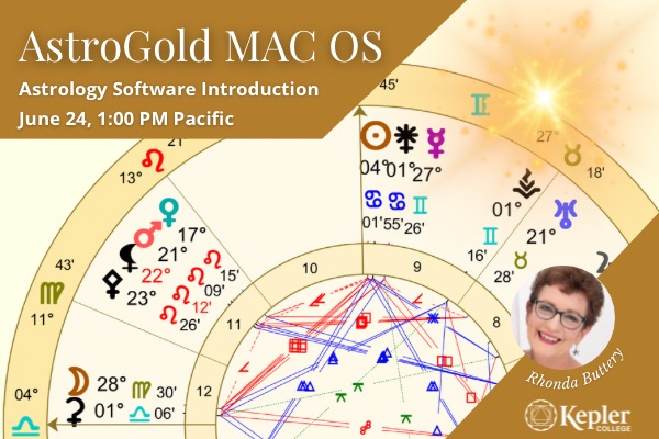 AstroGold chart depicting date and time of the AstroGold Webinar, god starburst on upper right edge, portrait of Rhonda Buttery, Kepler College logo
