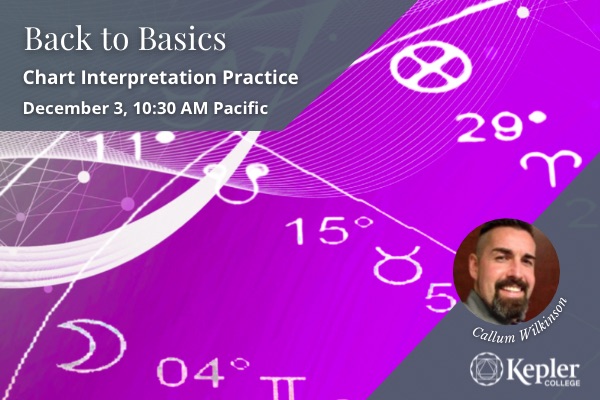 White astrology chart on magenta colored gradient background, abstract wave form art, dots connected, gemini moon, taurus south node, aries part of fortune, portrait of Callum Wilkinson, Kepler College logo