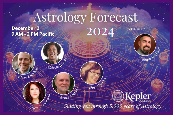 3D astrology chart in shades or purple, intricate term.face/decanate markings, candles and figurines used to indicate transits, portraits of Alex Trenoweth, Bruce Scofield, Dorothy Oja, Adam Elenbass, Celeste Brooks, and host Callum Wilkinson