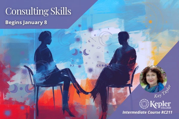 Abstract expressionist painting with bold brushstrokes of silhouettes of two people sitting in chairs facing each other in consulting session, portrait of Kay Taylor, Kepler College logo
