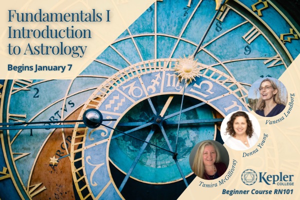 Famous Belgian clock face with zodiac symbols in shades of teal and gold, portraits of Donna Young, Tamira McGillivray, Vanessa Lundborg, Kepler College logo