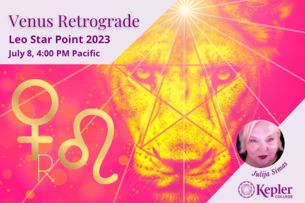 Hot pink and yellow picture of lioness, 5 pointed star overlaid on her face, glowing orb shooting rays on top point, venus retrograde and Leo golden glyphs, portrait of Julija Simas, Kepler College logo