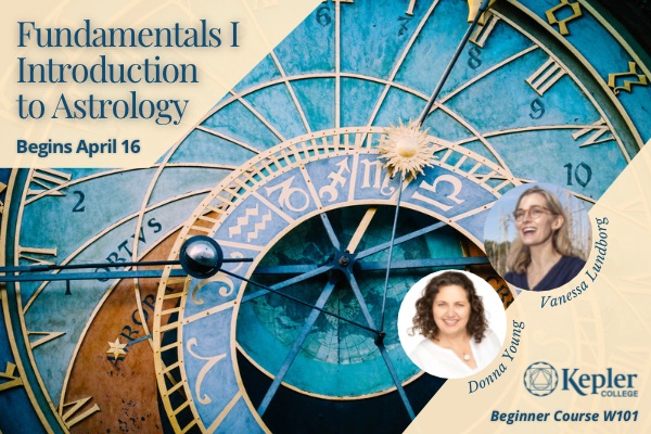 Course W101 Fundamental 1, Introduction to Astrology, Belgian clock, aqua a nad gold with zodiac symbols, portraits of Donna Young and Vanessa Lundborg, Kepler College logo