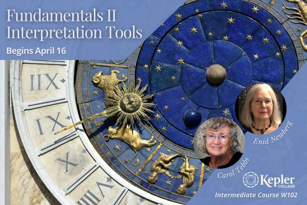 Course W102, Fundamentals 2, Interpretation Skills, blue and gold clock with zodiac symbols, portraits of Carol Tebbs and Enid Newberg, Kepler College logo