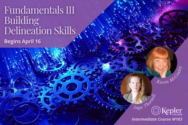 Course W103, Fundamentals 3, Building Delineation Skills, blue and purple gears dissolving into blue light, portraits of Karen McCauley and Inga Thornell, Kepler College logo