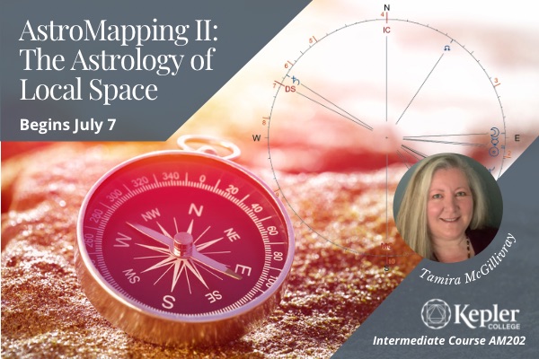 Compass lying on rocks by the ocean, shades of sunset red, local space chart with compass lines and planetary glyphs, portrait of Tamira McGillivray, Kepler College logo