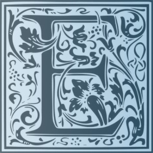 Medieval manuscript style ornate letter E with blue fade