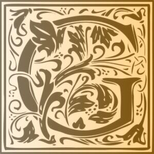 Medieval manuscript style ornate letter G with gold fade