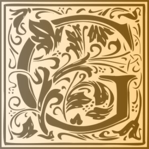Medieval manuscript style ornate letter G with gold fade