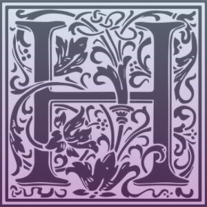 Medieval manuscript style ornate letter H with purple fade