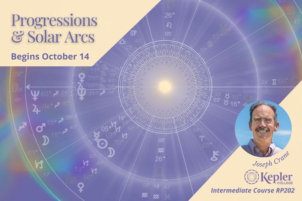 White astrology chart biwheel showing progressions to natal, on lavender background, sun at center radiating outwards with halo around it, rainbow prisms at outer arc edges, portrait of Joseph Crane, Kepler College logo