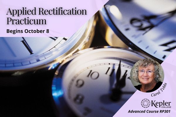 Multiple black and white clock faces showing different times, portrait of Carol Tebbs, Kepler Collge logo