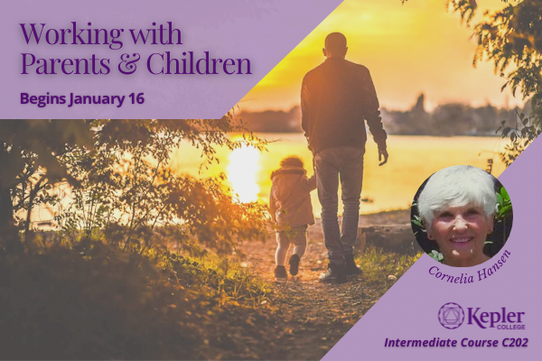 Photograph of silhouettes from behind at glowing orange sunset, father holding his toddler’s hand walking towards lake at the park, portrait of Cornelia Hansen, Kepler College logo