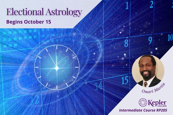 Clock floating on calendar day imposed in space, circled with luminous light, date emancipating rays, portrait of Omari Martin, kepler College logo