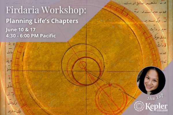 Image of Medieval Persian illuminated manuscript Kitab-i, depicting orbits of planets with Arabic calligraphy, portrait of Shu Yap, Kepler College logo