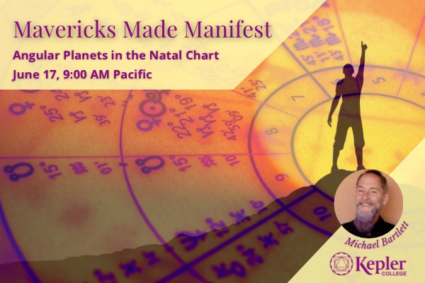 Astrology chart with planets on the angles, overlaid image, silhouette of person on top of mountain peak, hand raised in triumph, portrait of Michael Bartlett, Kepler College logo