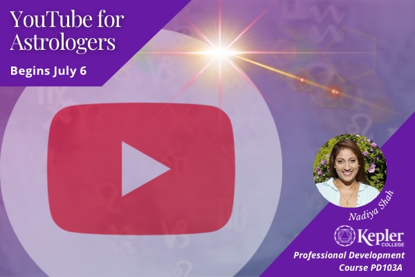 YouTube icon within a lavender sphere, floating zodiac symbols, starlight flaring on edge, portrait of Nadiya Shah, Kepler College logo