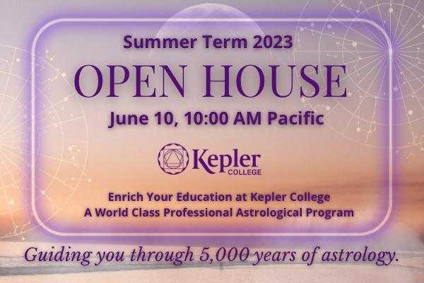 Moon rise over beach during purple and peach colored summer sunset, zodiac wheels with constellations, kepler college logo, tagline