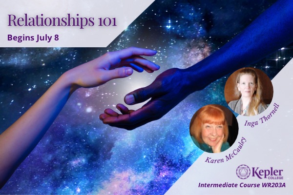 Two different shades of purple hands and arms outstretched, about to meet, light emanating between their palms, against starry space background, portraits of Karen McCauley and Inga Thornell, Kepler College logo