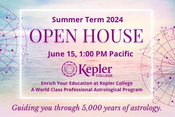 View of summer ocean, pastel colors, constellation wheels, open house invitation, Kepler College logo