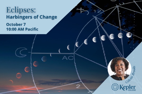 Time lapse photo of lunar eclipse at sunset, in varying stages moving through sky into darkness, astrology chart with moon on the ascendant, portrait of Celeste Brooks, Kepler College logo