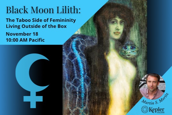 Picture of 1891 painting of Lilith with a snake wrapped around her shoulders by German Art Nouveau/Symbolist painter Franz Von Stuck, inside a box, flanked by the glyph for Black Moon Lilith