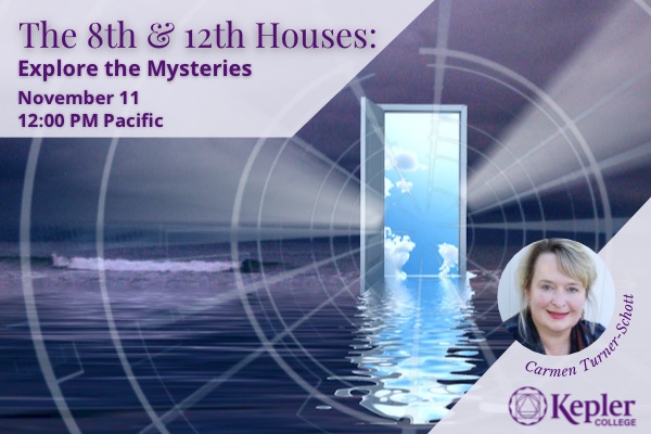 Surreal landscape, doorway in middle of purple ocean with wave breaking, door opens onto blue sky reflected in water, beams of light emancipating inside of light wheel indicating eight and twelfth houses, portrait of Carmen Turner-Schott, Kepler College logo