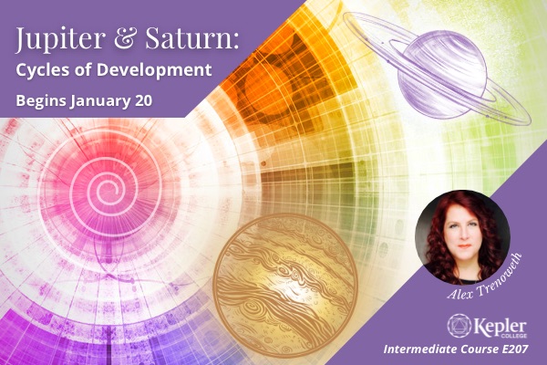 Multi-colored spiral pattern, vintage line drawings of gold jupiter and purple saturn, portrait of Alex Trenoweth, Kepler College logo