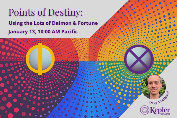 Two symbols for the Lot of Fortune and Lot of Spirit, or Daimon, imbedded in op art radiating multicolored dots, with horizon line and blue path forward, portrait of Gray Crawford, Kepler College logo