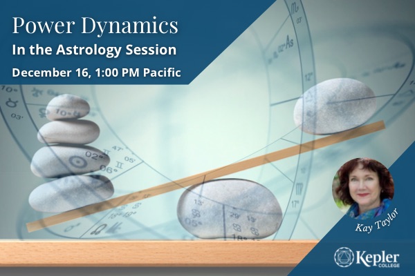 Stacks of white rocks on each end of plank which is itself balanced on a white rock, one side is heavier, with more rocks, weighting that side down, three dimensional interlocking astrology charts overlaid on image, portrait of Kay Taylor, Kepler College logo