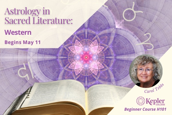 Open holy book underneath cathedral like purple and pink fourfold mandala, inset with zodiac wheel, portrait of Carol Tebbs, Kepler College logo