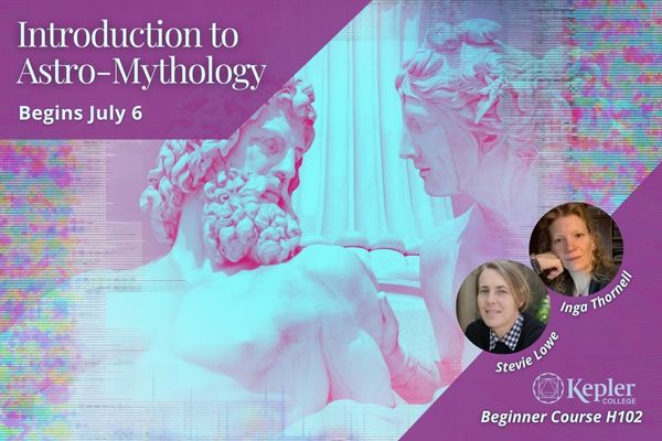 Statues of Zeus and Hera interacting, having an intimate moment, in shades of blue and purple, Greek column behind them, glitchy digital border, portraits of Inga Thornell and Stevie Lowe, Kepler College logo