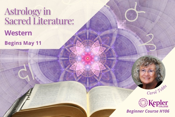 Open sacred text, purple mandala in western 4 fold vaulted ceiling style, zodiac wheel, glyphs of taurus, aries, libra, portrait of Carol Tebbs, Kepler College logo