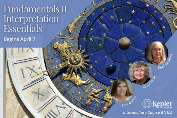 Famous public clock face with golden zodiac symbols, cobalt blue center with gold stars, portraits of Lori waters, Carol Tebbs, and Enid Newberg, Kepler College logo