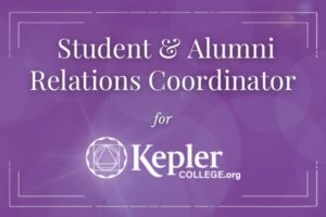 Student and Alumni Relations Coordinator, white text on kepler purple background, light flare off white kepler college logo