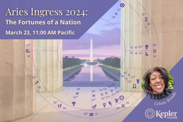 Photograph of the view looking out from the steps of the Lincoln Memorial, the Washington Monument obelisk and reflecting pool in the distance, columns on each side, sunset, astrology chart overlaid of the 2024 Aries ingress, portrait of Celeste Brooks, Kepler College logo