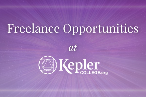 Starburst in every direction, warp speed, shades of lavender purple, white text shing light flare freelance opportunities, Kepler College logo