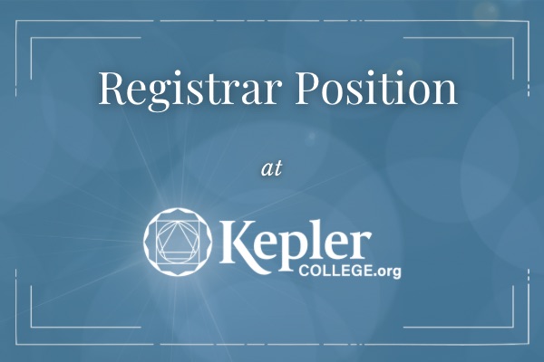 Teal background, lens flare shining off Kepler College logo, Registrar Position