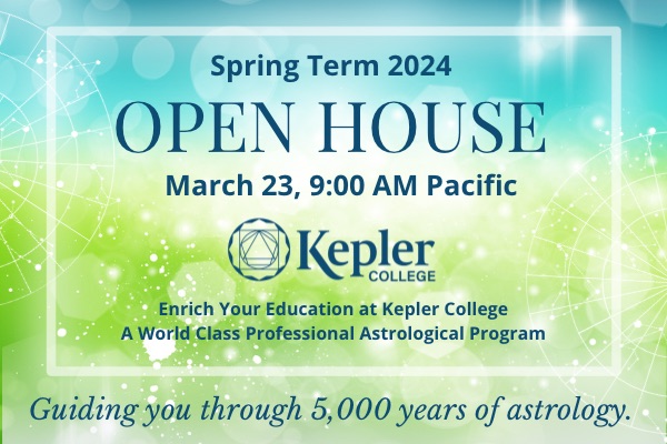 Teal and bright spring green glowing abstract background, light flares, open house, Kepler college logo