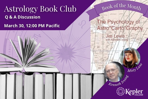 Shelf of books with one on top, open, zodiac wheel, cover of the book, “The Psychology of Astro*Catro*Graphy,” by Jim Lewis and Kenneth Irving, portraits of Misty Lane and Kenneth Irving, Kepler College logo