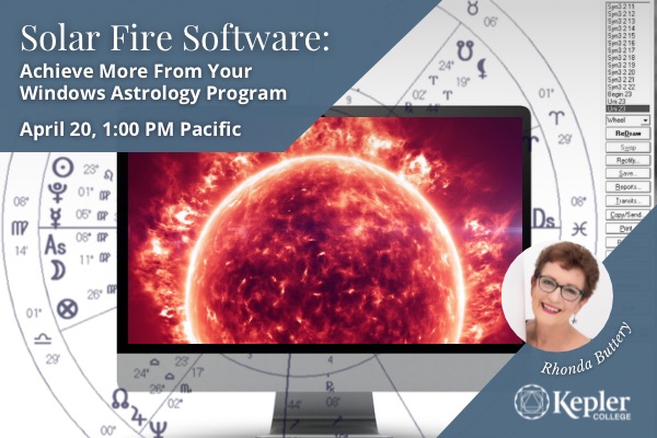 Computer monitor with photograph closeup of fiery sun, Solar Fire Software generated astrology chart, with sidebar functions, portrait of Rhonda Buttery, Kepler College logo