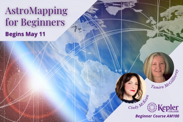 Edge of earth from space, sun rising over the horizon, astro*carto*graphy map overlaid, with continents and planetary lines, portraits of Cindy McKean and Tamira McGillivray, Kepler College logo