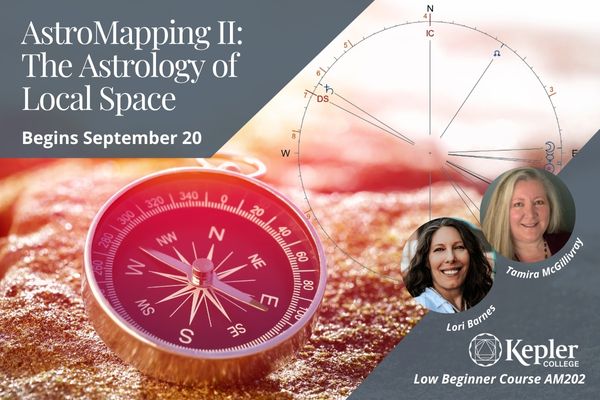 Compass lying on rocks by the ocean, shades of sunset red, local space chart with compass lines and planetary glyphs, portrait of Tamira McGillivray, Kepler College logo