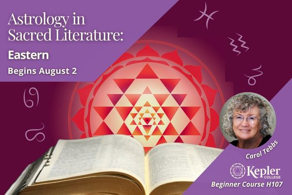 Open text beneath Sri yantra symbol in shades of red, encircled by zodiac wheel glyphs, portrait of Carol Tebbs, Kepler College logo