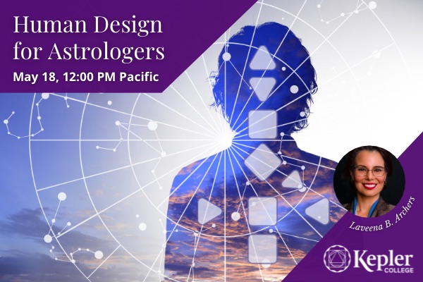 Silhouette of person against cloudfiled sunset sky, image inside outline, human design geometric schematic, constellation map, portrait of Laveena Archers, Kepler College logo