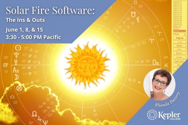 Solar Fire sun drawing at center of photograph of brightly shining sun, illuminating clouds with gold lining, Solar Fire chart with menu, portrait of Rhonda Buttery, Kepler College logo