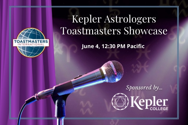 Purple curtain pulled back, spotlights, microphone, Toastmasters International logo, Kepler College logo